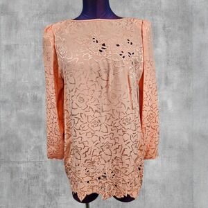 Vintage UMI Collections Anne Crimmins Peach Floral Jacquard Cutout Blouse 10 U47